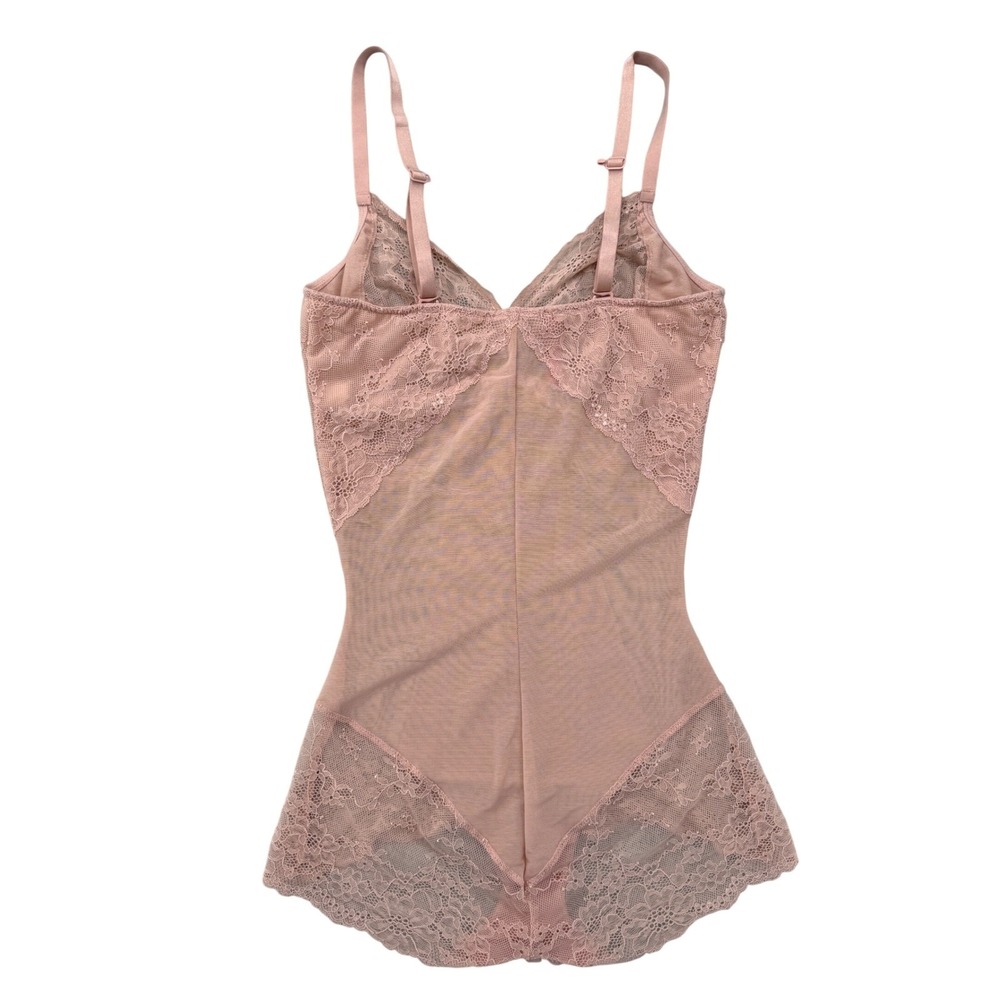 Spanx Lace Bodysuit Teddy M Nude Rose Pink Mesh Shapewear Lingerie Cross Straps - Picture 4 of 8